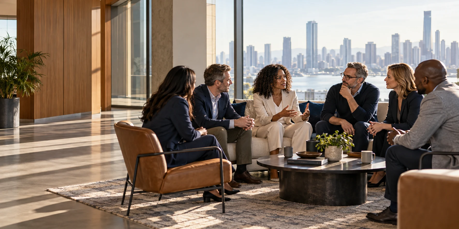 Illustrative scene of business leaders exchanging ideas